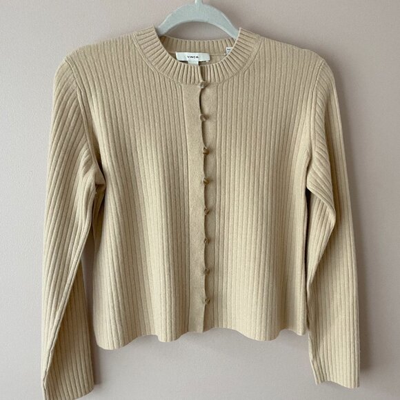 Vince Wool Cashmere Blend Ribbed Button Down Cardigan in Beige